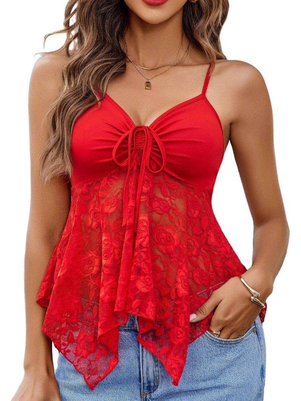 Women Red Bralettes Lace Undershirts Front Sheer Floral Asymmetrical Tank Top